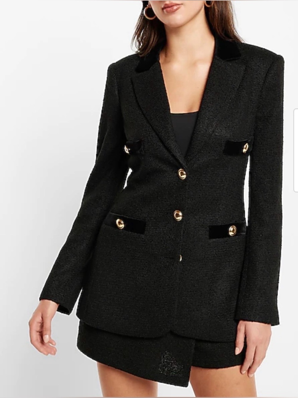 Express Tweed Notch Lapel Novelty Button Blazer